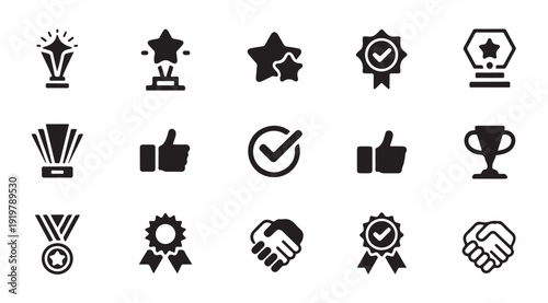 Set of award, achievement, and quality icons, black symbols isolated on white background