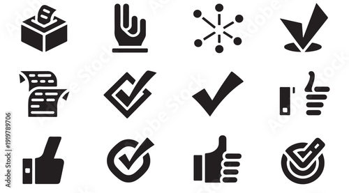 Check mark and thumbs up icon collection for approval confirmation and positive feedback set