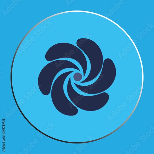 Minimalist Spiral Logo: Dark Blue Rotating Petal Design in a Metallic Ring