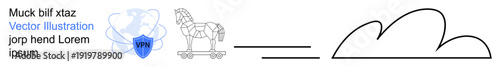 Cybersecurity, data protection, online threats, cloud storage, hacking prevention, software security. Digital shield, Trojan horse and cloud online security. Cybersecurity and data protection