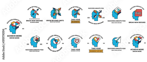 The image is a collection of blue heads with various symbols and words