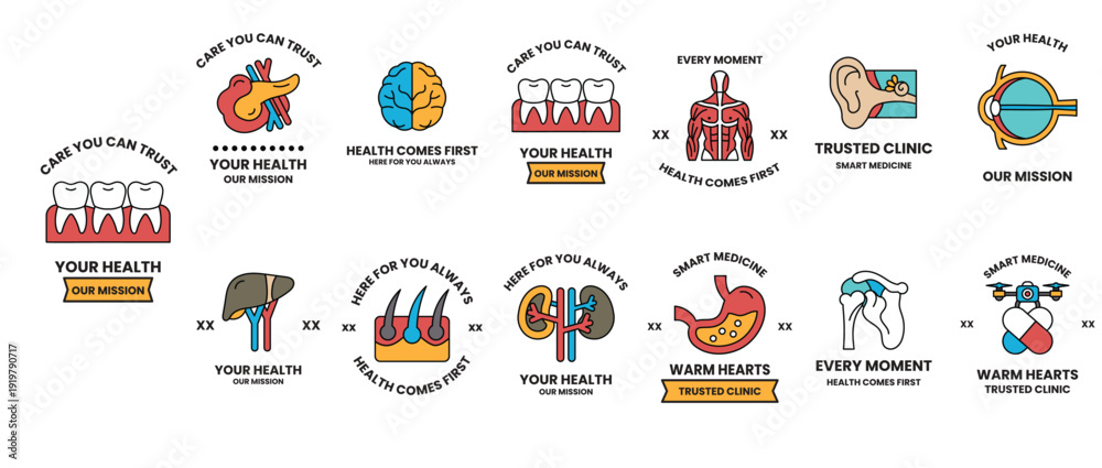 Obraz premium A series of health-related icons, including a heart, a stomach, and a brain