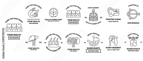 The image is a series of health-related icons, including a heart, a stomach