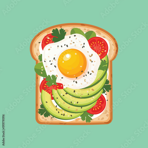Healthy Avocado Toast with Egg Flat Vector Illustration