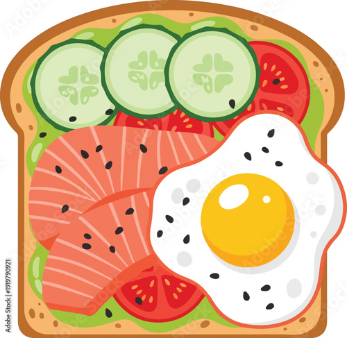 Healthy Avocado Toast with Egg Flat Vector Illustration