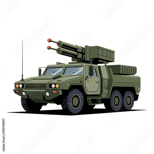 Armored military vehicle equipped with advanced missile launchers and turrets, ready for.