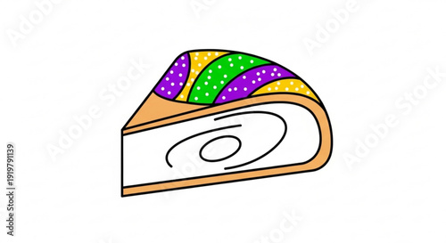King cake slice with colorful mardi gras beads on top festive dessert