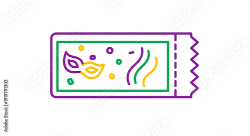 Colorful ticket icon with leaf and mask design elements on white background for event or festival concept