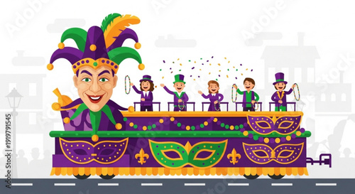 Mardi gras parade float with jester and people celebrating colorful purple green and gold decorations festive carnival scene