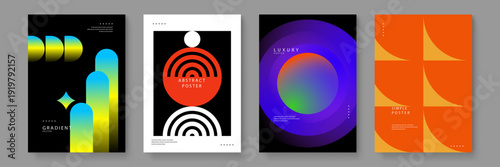 Set of four dark themed posters with vibrant neon yellow purple and orange geometric elements for high impact visual branding