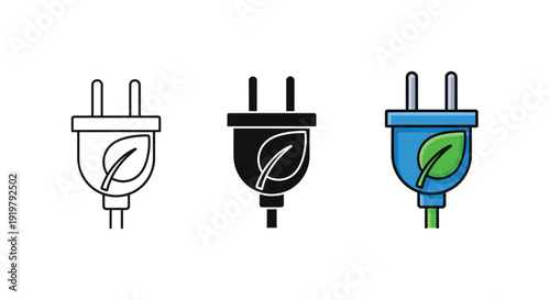Set of three electrical plug icons featuring a green leaf symbol representing renewable energy and eco friendly power connection concepts