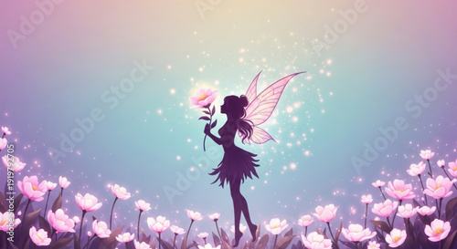 Mystical fairy silhouette with delicate wings blowing dandelion seeds in a dreamy floral landscape with pastel colors and soft lighting