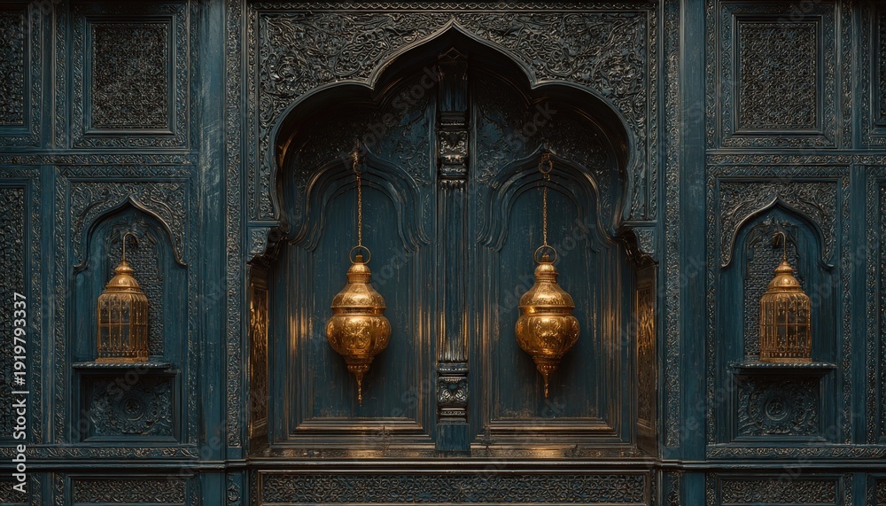 Fototapeta premium Ornate carved wooden surface displays rich teal paneling with hanging metallic lighting fixtures