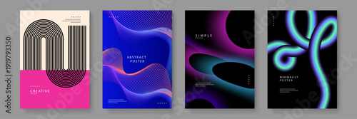 Premium collection of four abstract posters showcasing dark backgrounds with neon fluid tubes and intricate topographic wave lines