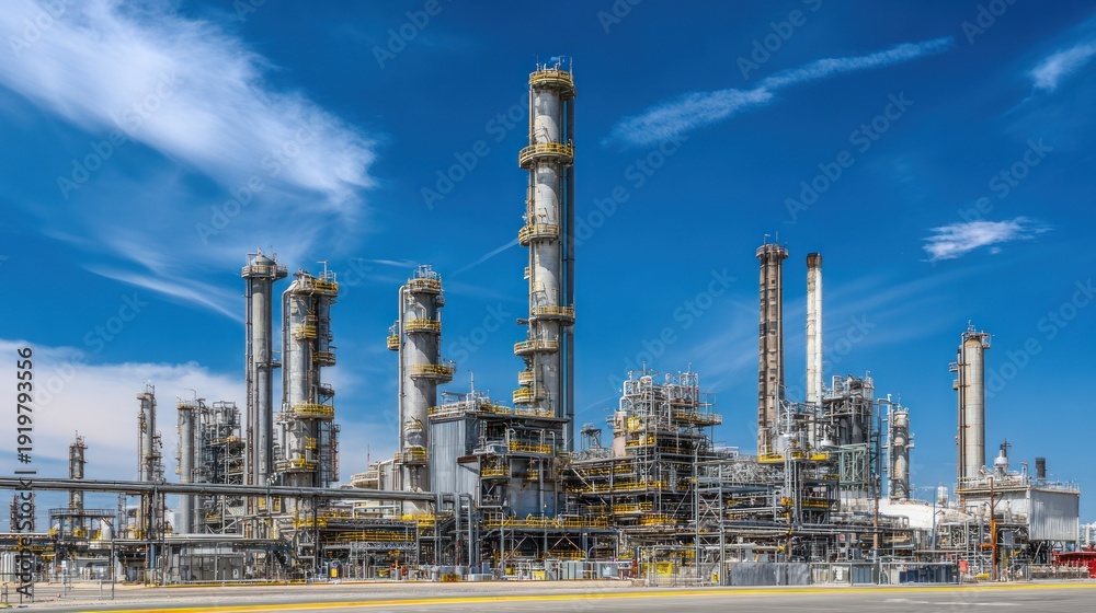 Fototapeta premium Industrial plant with chimneys against blue sky