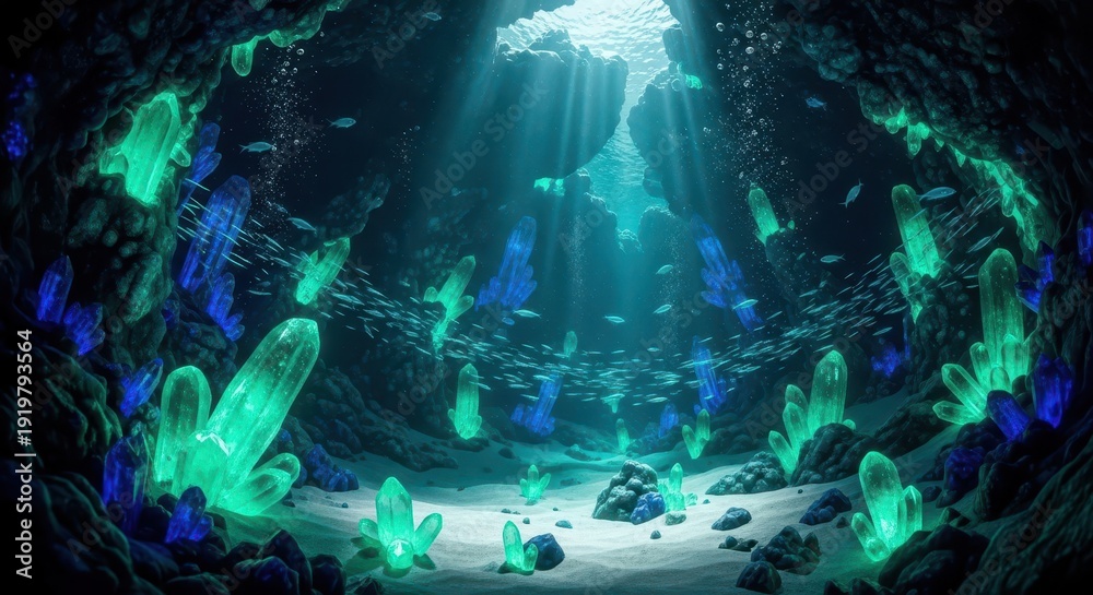 Fototapeta premium Underwater cavern illuminates brightly with glowing mineral formations and schools of small fish
