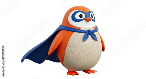Cute Orange Penguin Superhero with Blue Cape and Mask
