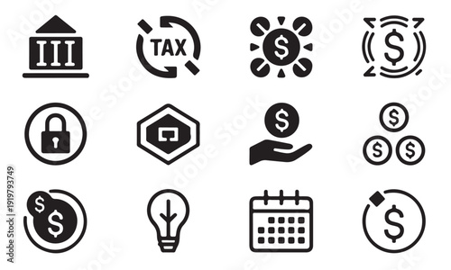 Economic tax and investment icon collection with lightbulb idea and security lock and currency