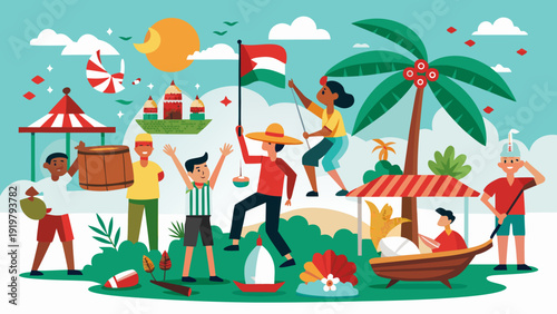 Vibrant Tropical Celebration with Diverse Community and Festive Elements