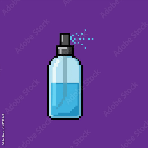 pixel art water spray bottle icon with mist particles on vibrant purple background.