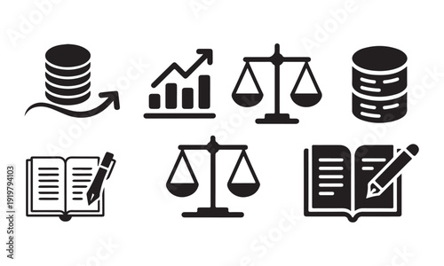 Business and finance icons money stacks growth chart scales of justice open book pen