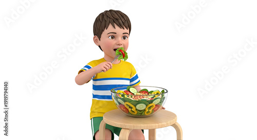 Cartoon boy eating a healthy salad