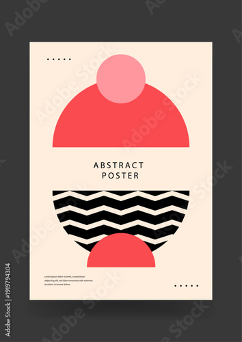 Abstract poster featuring coral pink half circles and bold black zigzag wave patterns on a beige retro background