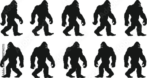 Bigfoot silhouette set, Sasquatch walking cryptid vector collection isolated for legend, mystery and wilderness design projects