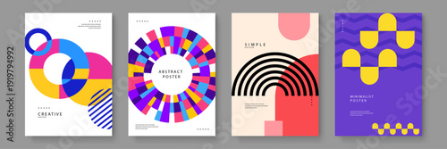 Set of four diverse posters featuring circular motifs wave patterns and vibrant color palettes designed for creative branding and advertising