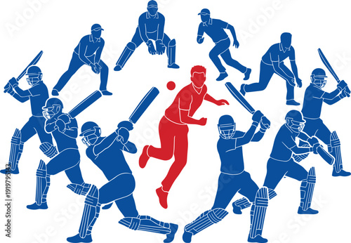 Cricket players silhouette set, batsman bowler action poses, team sport collection, blue red vector illustration isolated