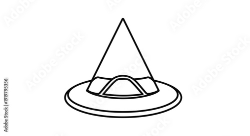 A black and white drawing of a witches hat