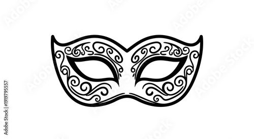 A black and white masquerade mask with swirly designs