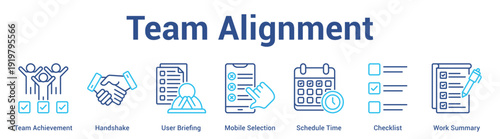 Team Alignment web banner icon set vector illustration concept for business with icon of Team Achievement, Handshake, User Briefing, Mobile Selection, Schedule Time, Checkli.