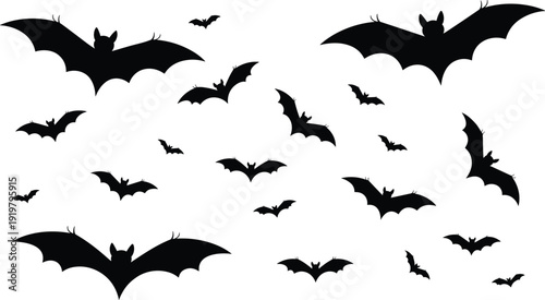 Black Silhouette Vector Illustration of a Large Swarm of Flying Bats Isolated on White Background for Halloween Decoration Horror Theme and Spooky Night Graphic Design