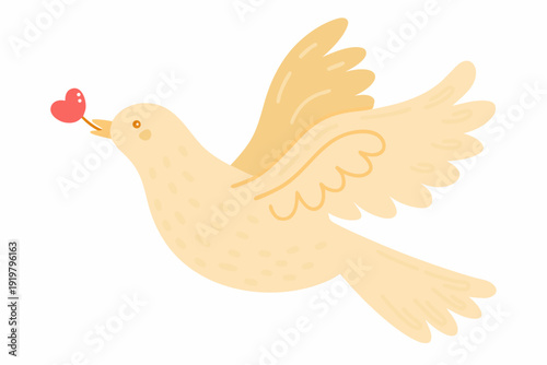 A gentle yellow dove carries a red heart in its beak symbolizing love