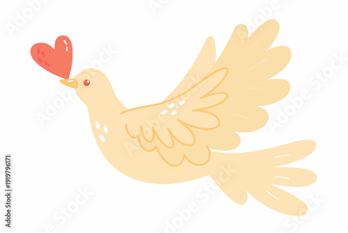 A cheerful yellow dove carries a bright red heart in its beak