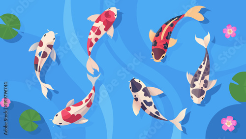 Colorful koi fish swim among lily pads in clear blue water