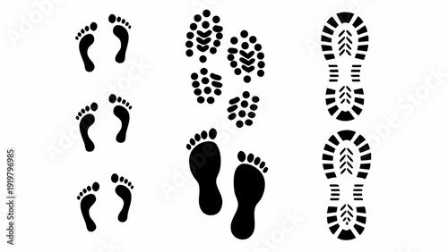 Black footprints and shoe sole patterns arranged on a white background