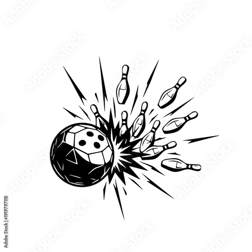 Bowling Strike Silhouette with Ball and Flying Pins - Sport Competition and Leisure Activity Logo