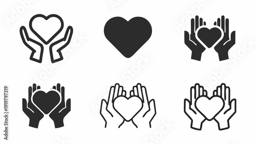 Hands cradling hearts and a single heart shape in black and white