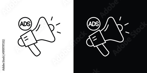 Line art icon of a megaphone with 'ADS' symbol, representing digital advertising, public announcement, marketing campaign, and promotional communication concept in a clean, modern style