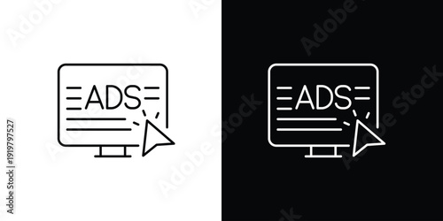 Online advertising concept with computer screen showing ads and cursor clicking on it