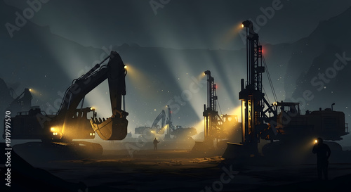 Nighttime mining operation with heavy machinery and workers