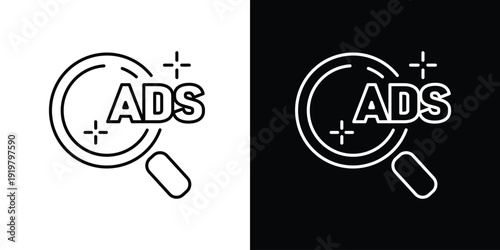 Magnifying glass over text 'ADS' in a minimalist line art style, symbolizing advertising research and analysis