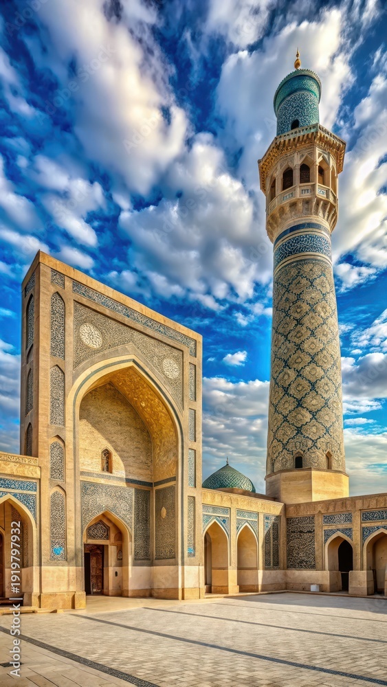 Fototapeta premium A photo of a Kalyan mosque in Bukhara, Uzbekistan, featuring intricate tile work and minarets against a blue sky with white clouds
