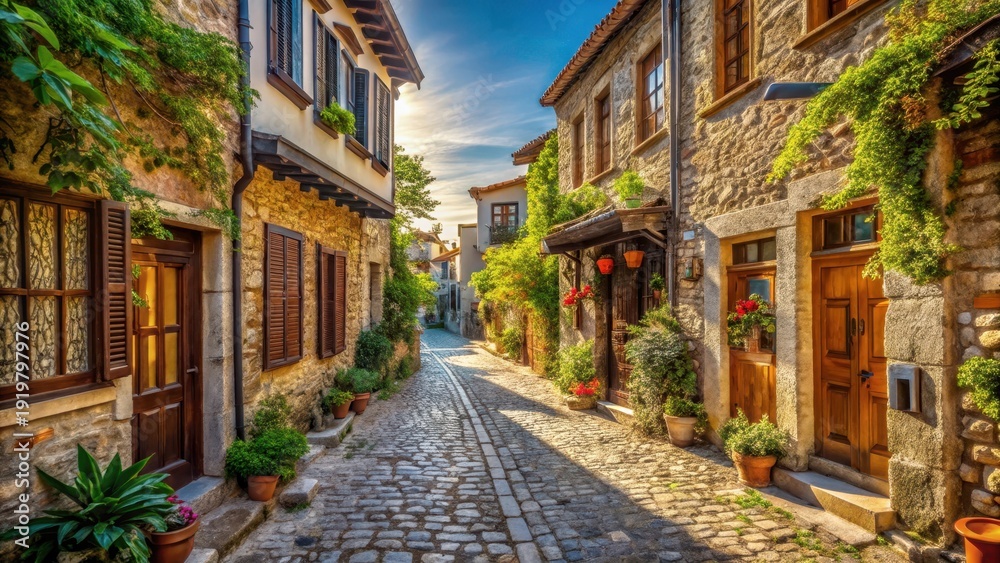 Fototapeta premium A photo of ancient stone houses and narrow cobblestone streets lined with shops in the heart of Sides old town