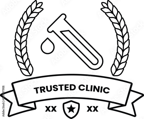 A logo for a trusted clinic with a test tube and a ribbon