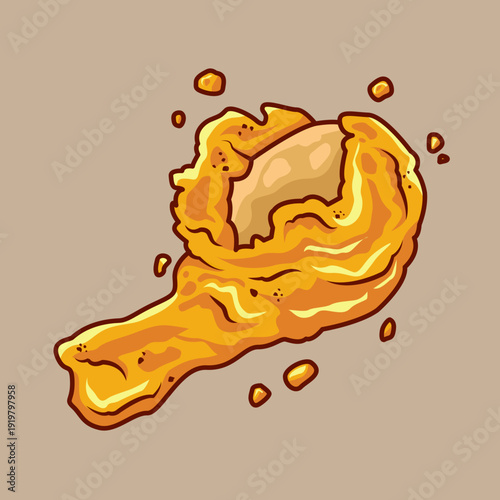 Crispy golden fried chicken drumstick illustration with splatters on a plain background.