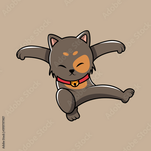 Cute cartoon cat dancing or doing martial arts pose with a bell collar.