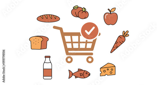 Shopping cart with groceries and check mark illustration.